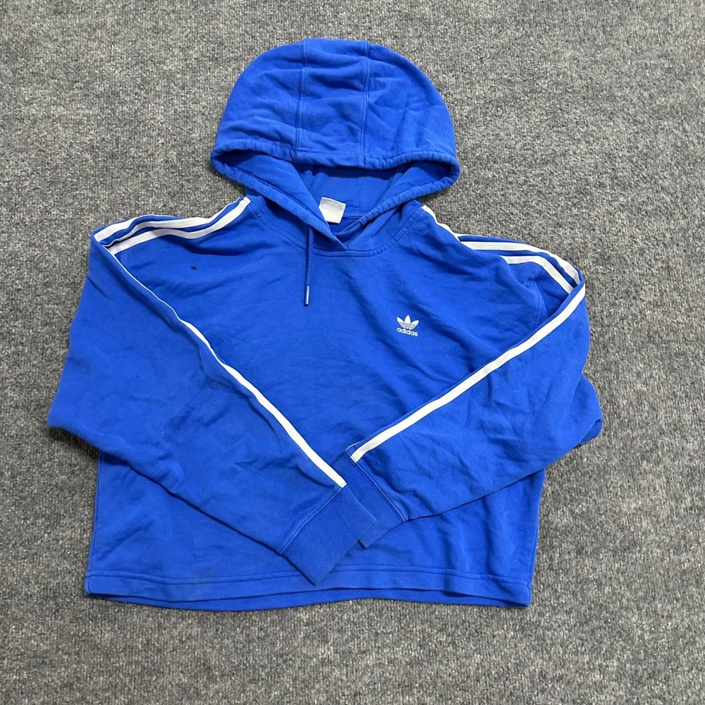 Adidas Hoodie Womens Size L Blue Cropped 3-Stripe Long Sleeve Pullover Fair